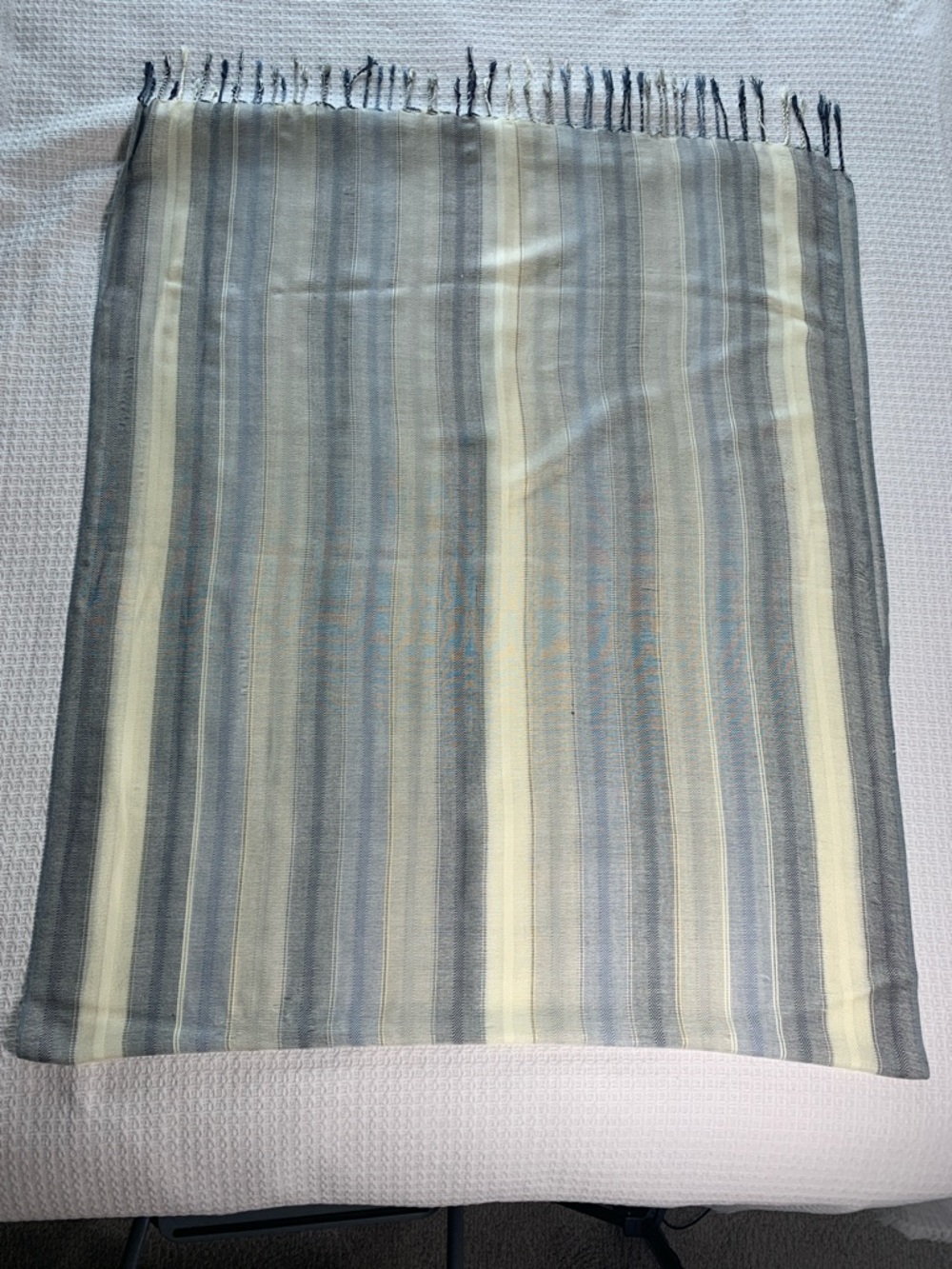 Blue, gray, and tan striped shawl/ scarf with fringe